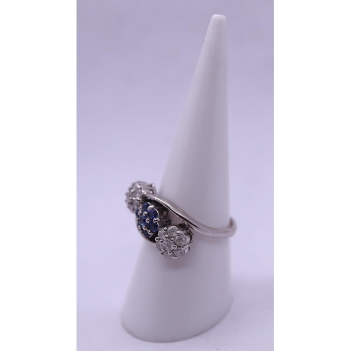 162 - 18ct white gold sapphire and diamond triple cluster ring - Size N