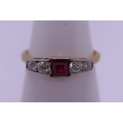 17 - 18ct gold Art Deco ruby & diamond set ring - Size L