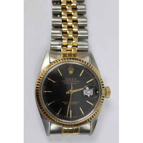 195 - Rolex Oyster Perpetual Datejust bi-metal with black dial, Jubilee strap and service papers