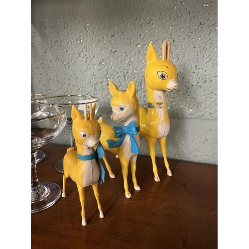 346 - Set of 6 yellow fawn Babycham glasses together with set of 3 Babyfawn figures