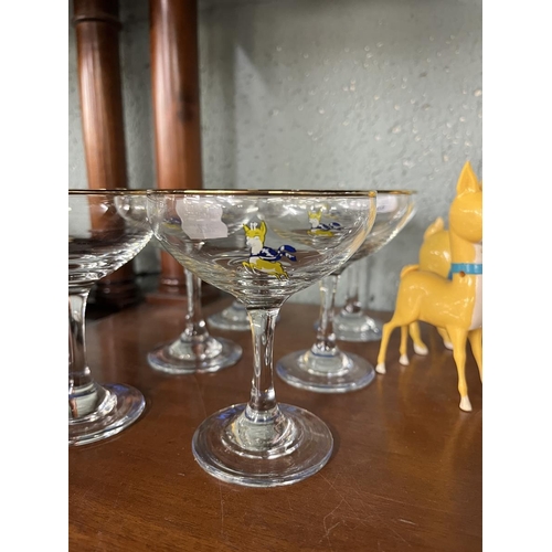 346 - Set of 6 yellow fawn Babycham glasses together with set of 3 Babyfawn figures