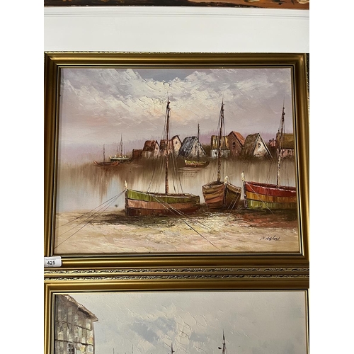 425 - 3 oils on canvas of fishing boats, signed