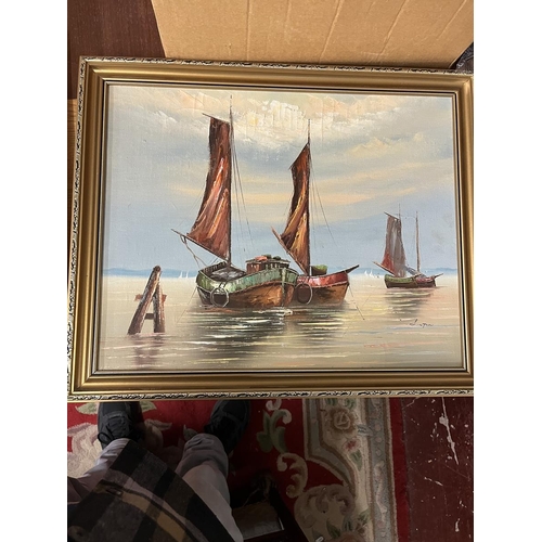 425 - 3 oils on canvas of fishing boats, signed