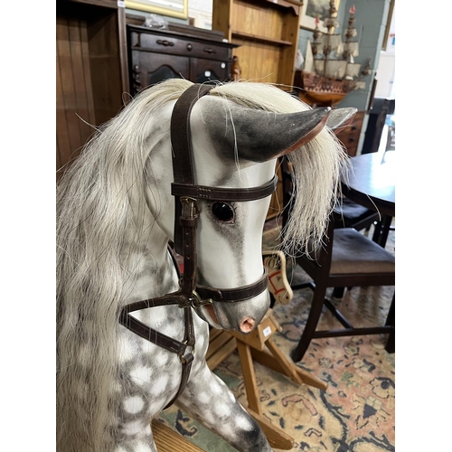 445 - Rare fine quality dapple grey rocking horse by SJ Lippett of Bretforton with leather saddle and real... 