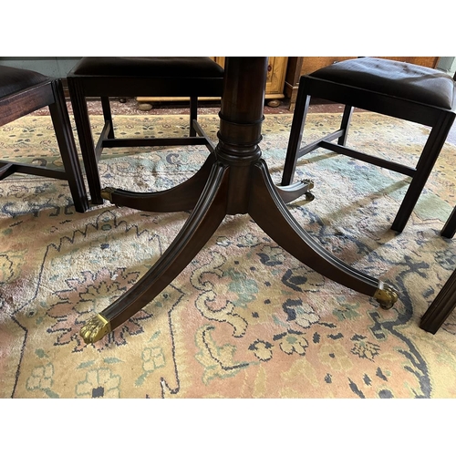 452 - Mahogany pedestal dining table with 5 ladder back dining chairs to include carver. Table approx L: 1... 