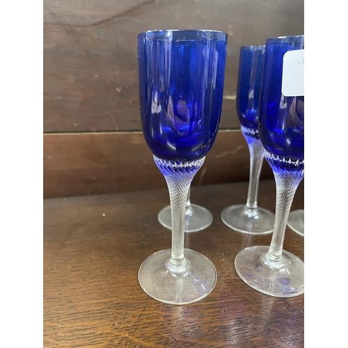 535 - Set of 6 twisted stem blue/clear glasses