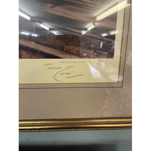 568 - Large signed L/E Terrance Cuneo railway print - Signed by Cuneo, Sir William McAlpine and Alan Pegle... 