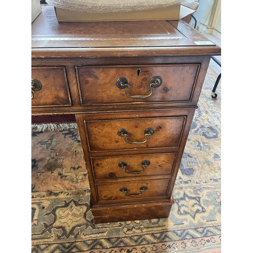 630 - Burr walnut leather top pedestal desk - Approx W: 121cm D: 61cm H: 76cm