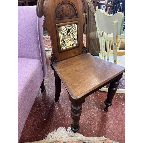 680 - Pair walnut of Moyr Smith chairs with Shakespeare tiles to backs