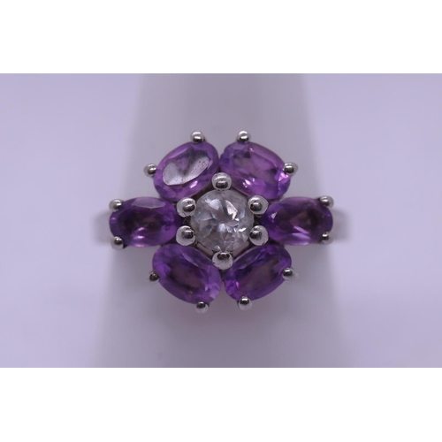 74 - Silver amethyst set ring - Size T