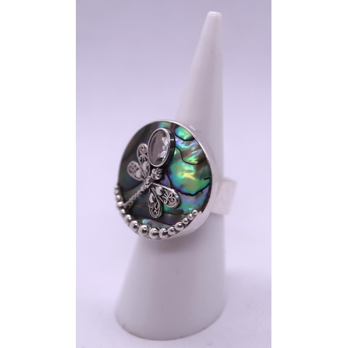 85 - Silver abalone & stone set dragonfly ring - Size L