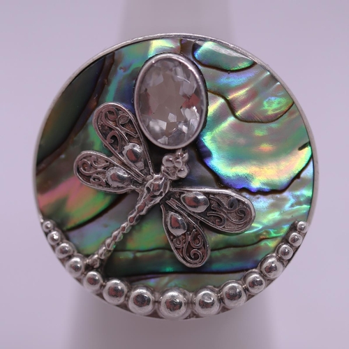 85 - Silver abalone & stone set dragonfly ring - Size L