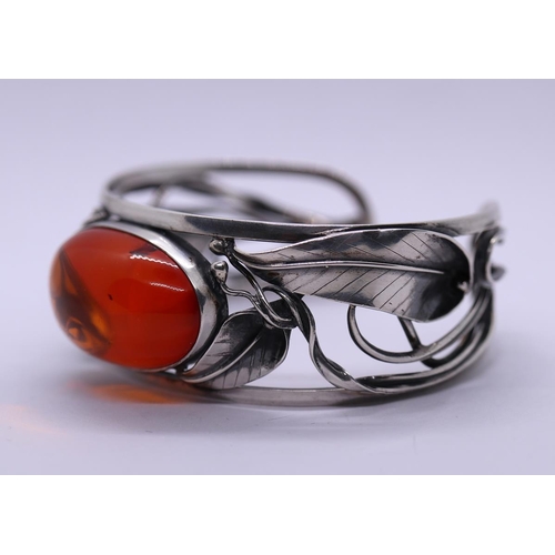 9 - Danish silver amber set bangle marked SW