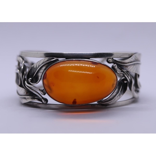 9 - Danish silver amber set bangle marked SW