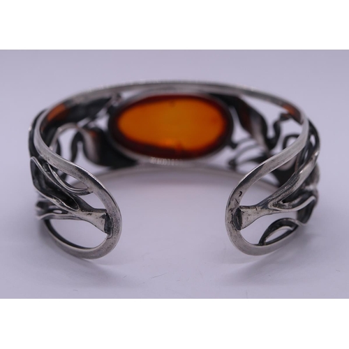 9 - Danish silver amber set bangle marked SW