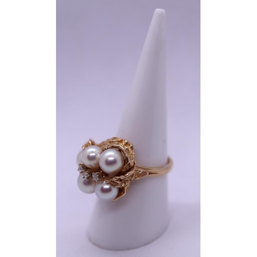 90 - 14ct gold pearl & diamond set ring - Size M