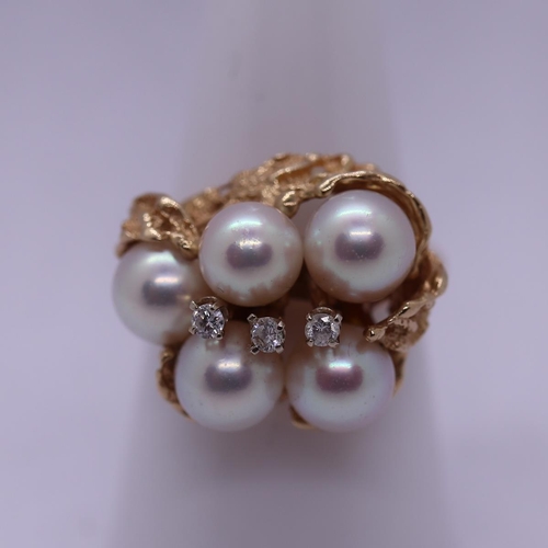 90 - 14ct gold pearl & diamond set ring - Size M