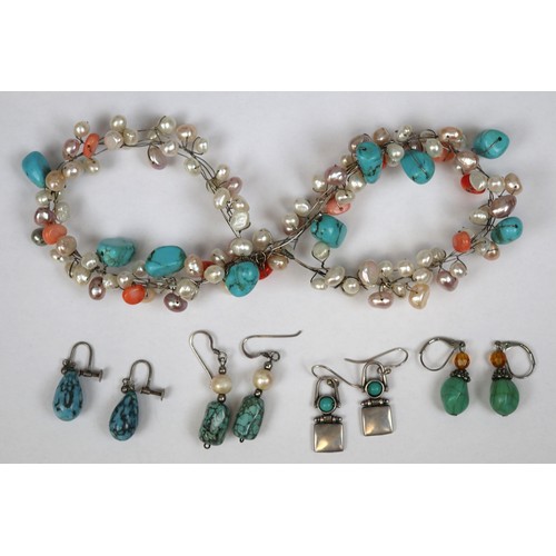 136 - Pearl, coral & turquoise necklace with silver clasp together with 4 pairs of silver turquoise se... 