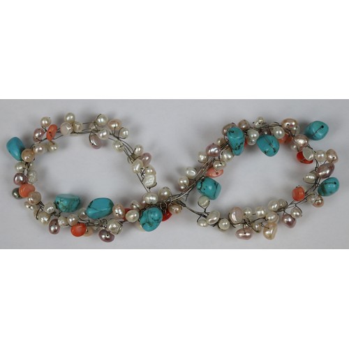 136 - Pearl, coral & turquoise necklace with silver clasp together with 4 pairs of silver turquoise se... 