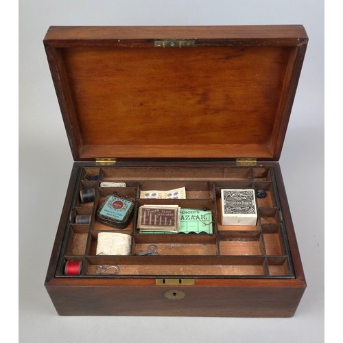 262 - Victorian Rosewood work box with partitioned internal shelf and needlework items included, plus 2 x ... 