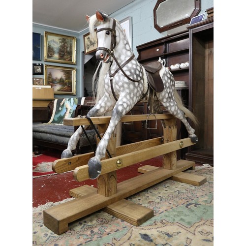 445 - Rare fine quality dapple grey rocking horse by SJ Lippett of Bretforton with leather saddle and real... 