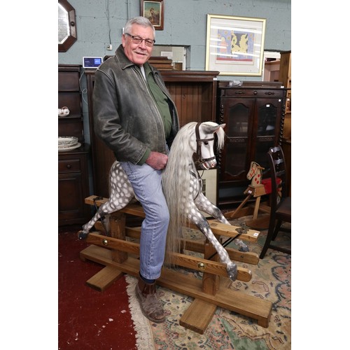 445 - Rare fine quality dapple grey rocking horse by SJ Lippett of Bretforton with leather saddle and real... 