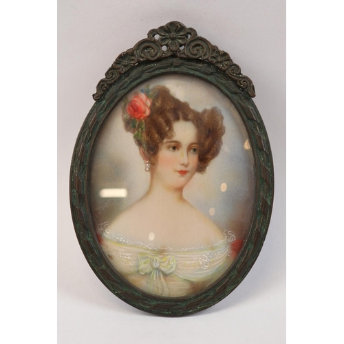 140 - Antique miniature portrait painting of a young woman