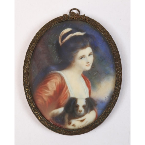 142 - Antique miniature portrait painting young woman & a dog - signed