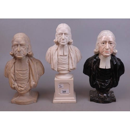 209 - 2 Parian ware busts of Rev John Wesley together with a ceramic bust - Approx H35cm