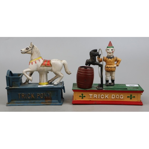 221 - 2 cast iron novelty money banks - Trick dog & trick pony