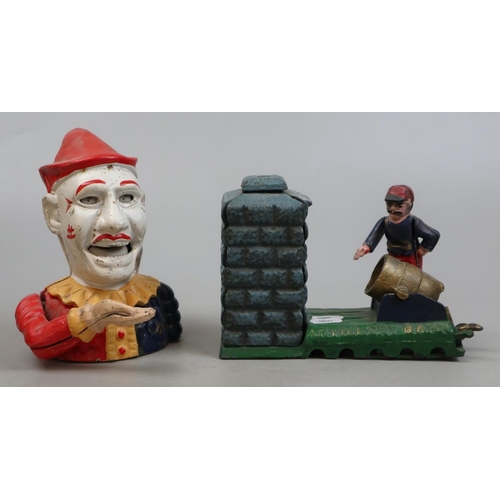 225 - 2 cast iron novelty money banks - Artillery bank & a clown