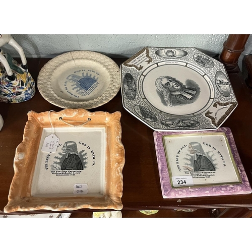 234 - 4 Antique Rev John Wesley commemorative plates and wall plaques