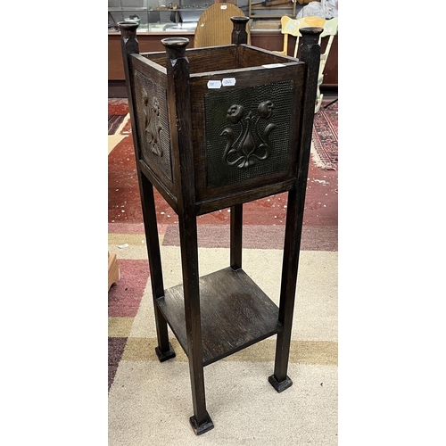 301 - Arts and Crafts oak plant stand with copper hammered panels - Approx W: 30cm D: 30cm H: 95cm