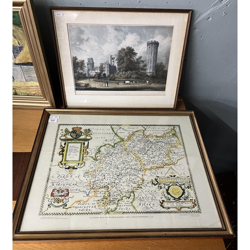 312 - Framed print of Warwick castle together with a Saxtons map of Warwickshire & Leicestershire