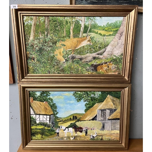 316 - 2 oils on canvas - Country scene and Foxes- IS 60 x 35cm