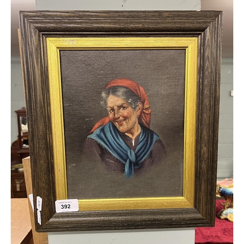 392 - Oil on canvas of an elderly lady