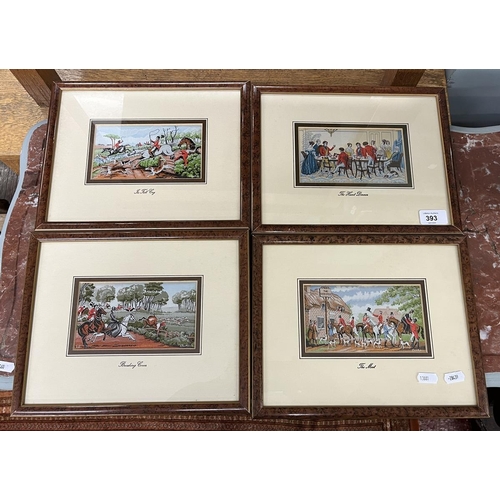 393 - 4 framed woven silk hunt themed Cash's pictures