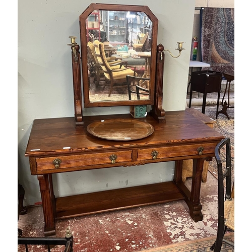 419 - Gothic pitch pine dressing table in the manner of A.W.W. Pugin - Approx W122cm D61cm H160cm