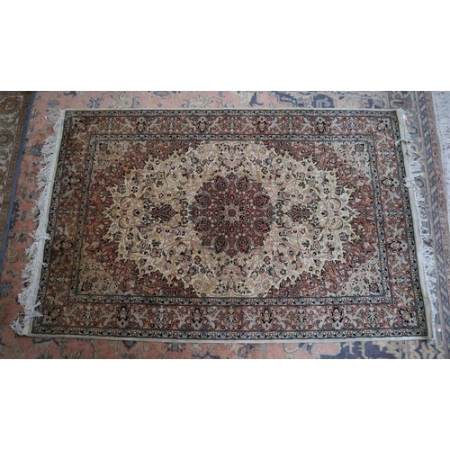 439 - Mid 20thC Kashmir rug, central floral medallion against light ground with terracotta border - Approx... 