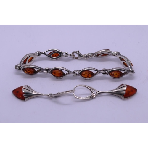 91 - Silver and amber set bracelet and earrings