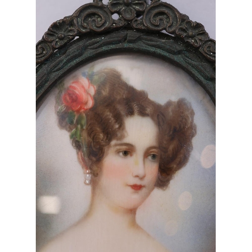 140 - Antique miniature portrait painting of a young woman