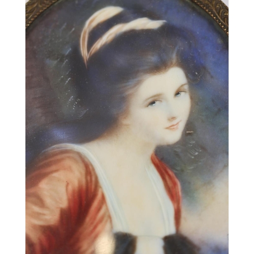 142 - Antique miniature portrait painting young woman & a dog - signed