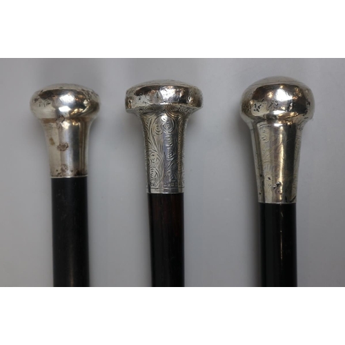 196 - 3 antique hallmarked silver ebonised walking canes