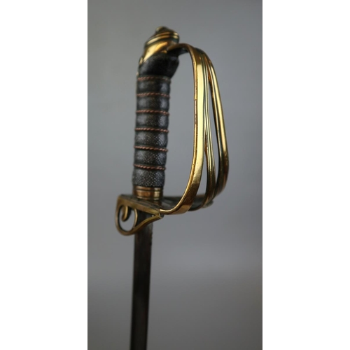 201 - 1822 pattern Victorian officers sword with Royal cypher VR pierced in brass guard basket, shagreen a... 