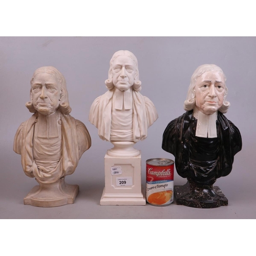 209 - 2 Parian ware busts of Rev John Wesley together with a ceramic bust - Approx H35cm