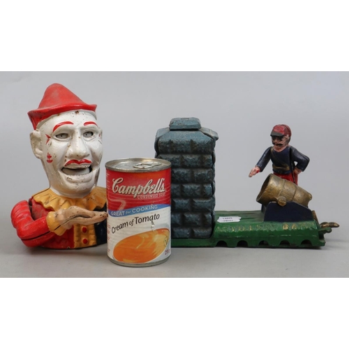 225 - 2 cast iron novelty money banks - Artillery bank & a clown