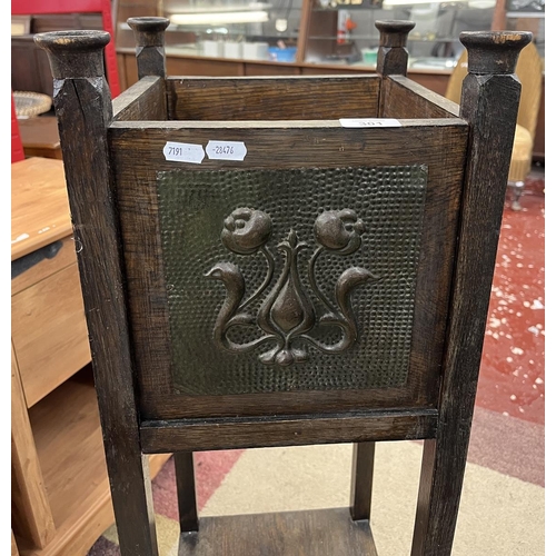 301 - Arts and Crafts oak plant stand with copper hammered panels - Approx W: 30cm D: 30cm H: 95cm