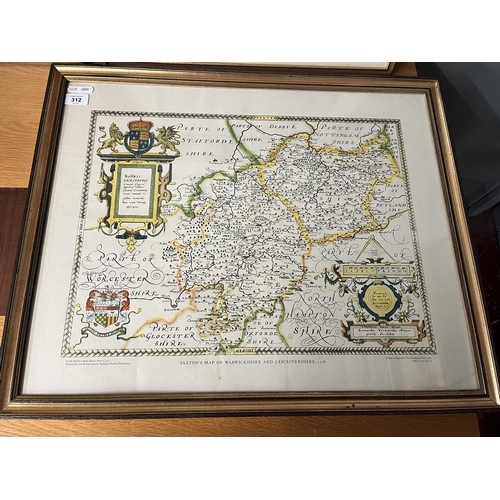 312 - Framed print of Warwick castle together with a Saxtons map of Warwickshire & Leicestershire