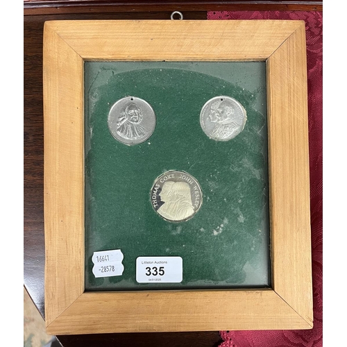 335 - Rev John Wesley framed picture together with framed coins