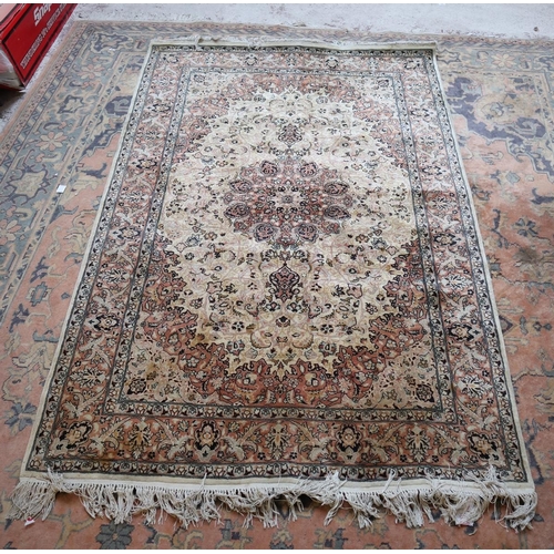 439 - Mid 20thC Kashmir rug, central floral medallion against light ground with terracotta border - Approx... 